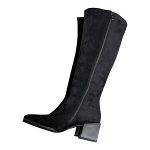 WetKiss faux suede knee high boots size 6 inside zip abstract block heel black